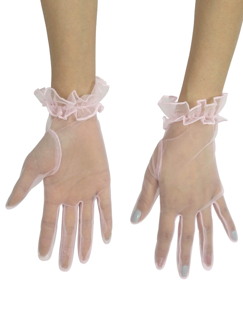 QRBTSCL Women's Short Mesh Gloves Ruffled Tulle Wedding Party Gloves Short Prom Evening Glove Pink - Image 3